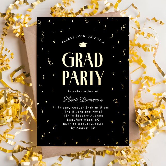 Modern Typography Black and Gold Graduation Party Foil Invitation (black and gold foil graduation party invitation with confetti)