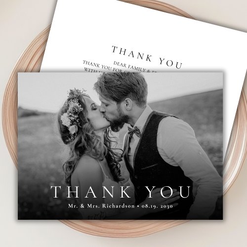 Modern Typography Black and White Photo Wedding Thank You Card
