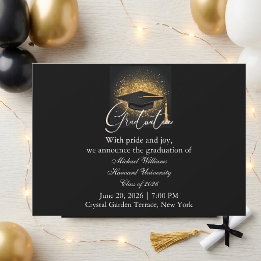 Modern Typography Black Cap Monochrome Graduation Invitation