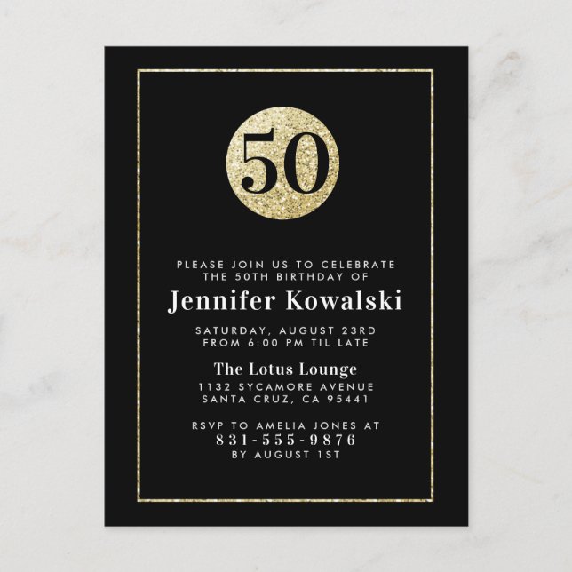 Modern Typography Black & Gold 50th Birthday Party Invitation Postcard (Front)