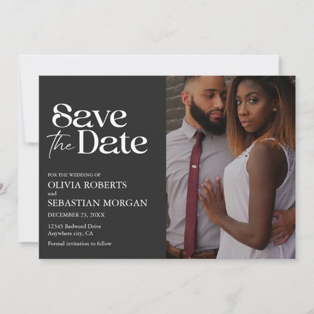 Modern Typography Black Photo Wedding Save The Date (Front)