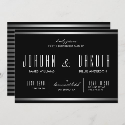 Modern Typography Black  Silver Engagement Party Invitation