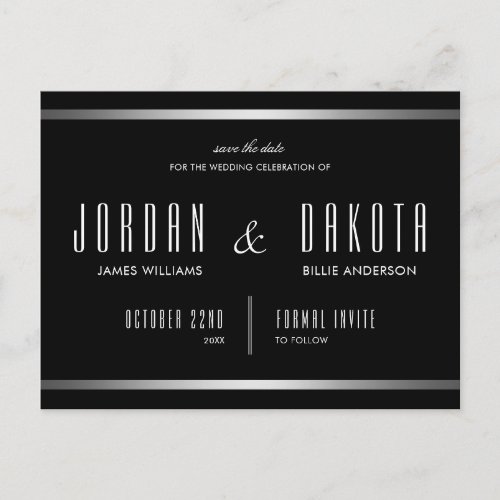 Modern Typography  Black  Silver Save The Date Announcement Postcard