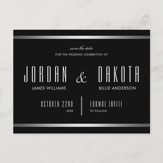 Modern Typography | Black & Silver Save The Date Announcement Postcard (Front)