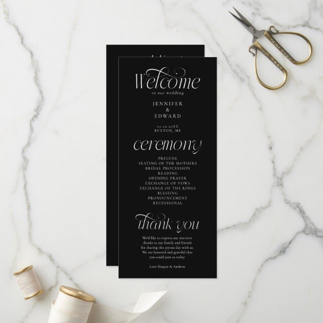 Modern Typography Black Wedding Ceremony Program (Front/Back In Situ)