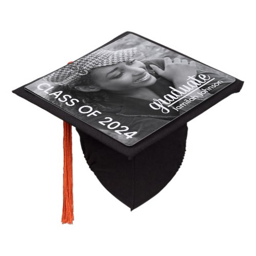 Modern Typography Black White Photo 2024 Graduation Cap Topper