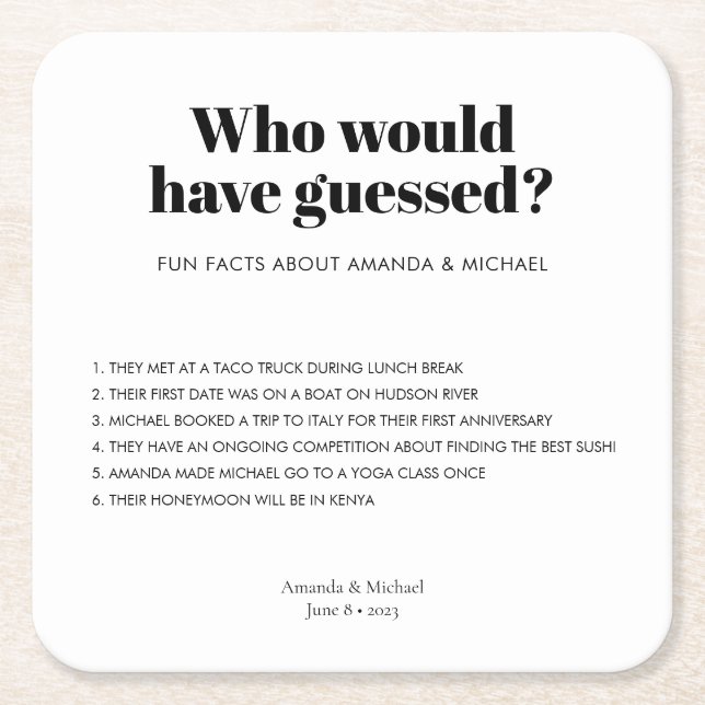 Modern Typography Black White Wedding Fun Facts Square Paper Coaster (Front)