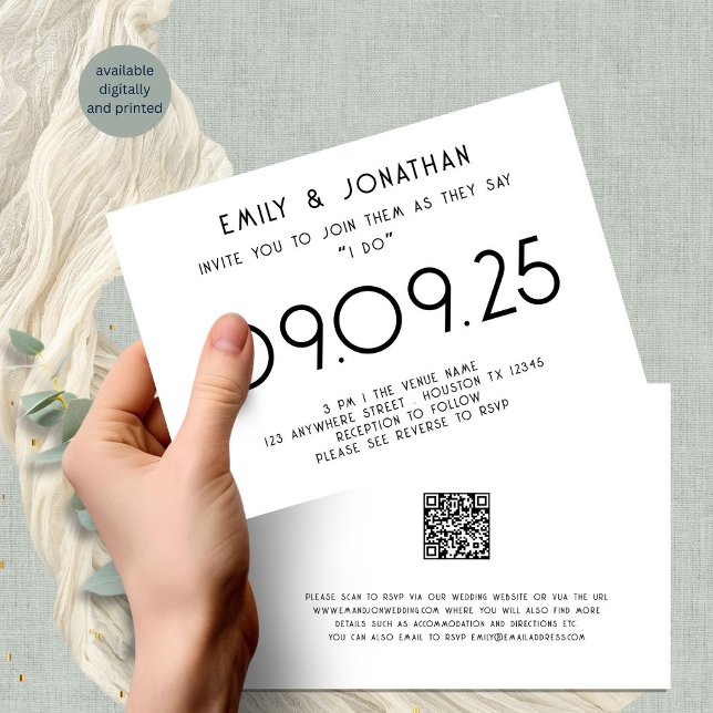 Modern Typography Black White Wedding Invitation (Front and back view)