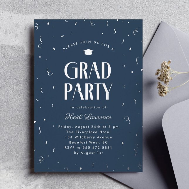 Modern Typography Blue and Silver Graduation Party Foil Invitation (blue and silver foil graduation party invitation with modern typography)