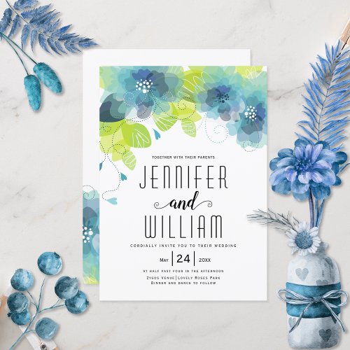 Modern typography blue flowers floral wedding invitation