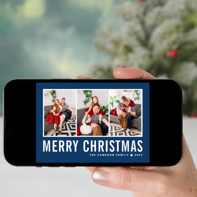 Modern Typography Blue Photo Collage Christmas Holiday Card (Front Digital)