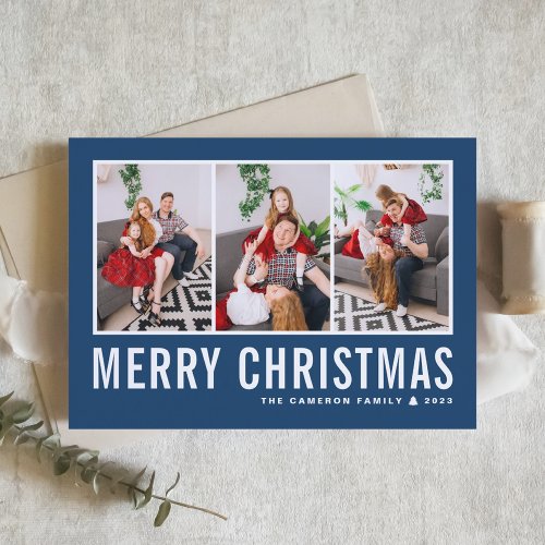 Modern Typography Blue Photo Collage Christmas Holiday Card