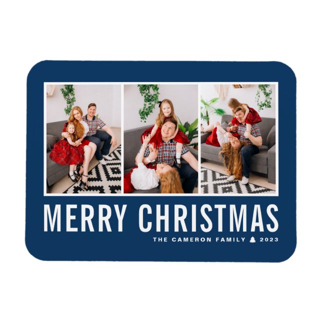 Modern Typography Blue Photo Collage Christmas Magnet (Horizontal)