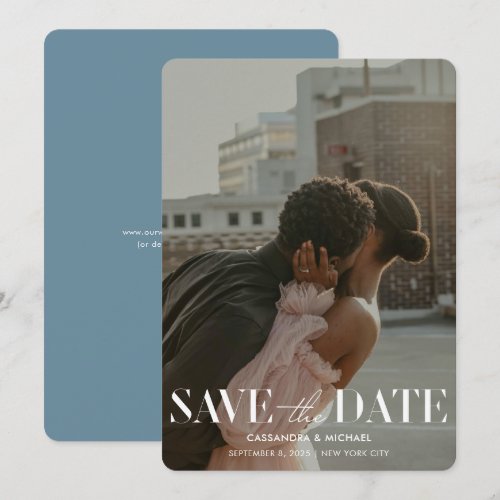 Modern Typography Blue Photo Wedding Save Date Invitation