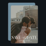 Modern Typography Blue Photo Wedding Save Date Invitation<br><div class="desc">Inform your guests about your upcoming wedding date with these modern Save the Date Cards featuring a full bleed vertical photo, modern typography and a colored back in a blue gray. All colors can be changed to fit your style and wedding theme, you can also switch between different paper shapes...</div>