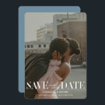 Modern Typography Blue Photo Wedding Save Date Invitation<br><div class="desc">Inform your guests about your upcoming wedding date with these modern Save the Date Cards featuring a full bleed vertical photo, modern typography and a colored back in a blue gray. All colors can be changed to fit your style and wedding theme, you can also switch between different paper shapes...</div>