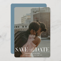 Modern Typography Blue Photo Wedding Save Date Invitation