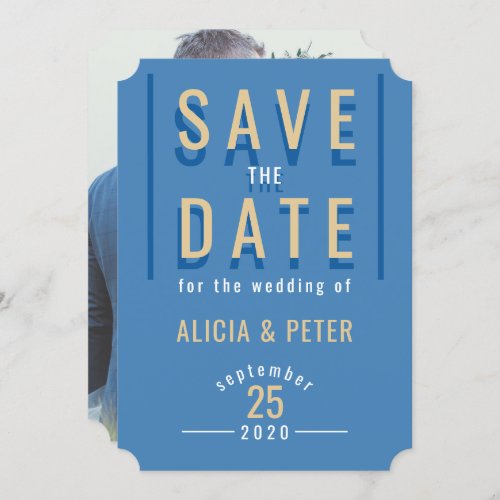 Modern typography blue photo wedding save the date invitation