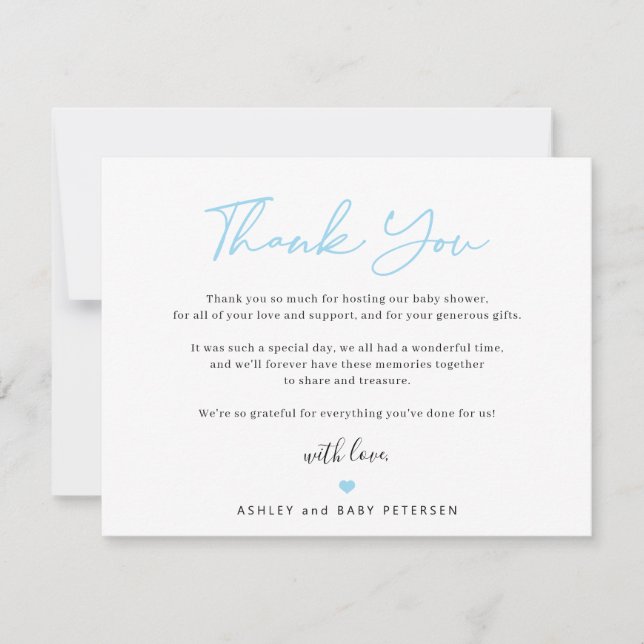 Modern typography blue script boy baby shower thank you card (Front)
