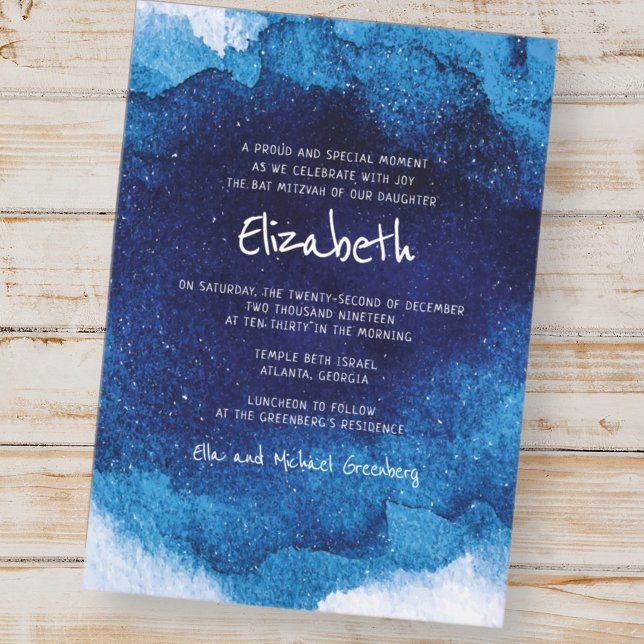 Modern Typography Blue Watercolor Bat Mitzvah Invitation (Creator Uploaded)