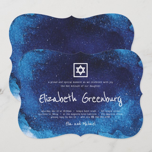Modern Typography Blue Watercolor Bat Mitzvah Invitation (Front/Back)