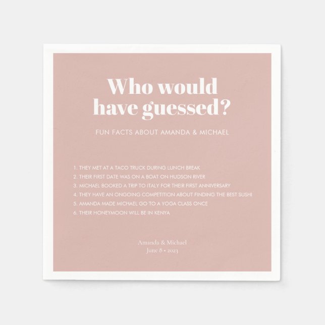 Modern Typography Blush Pink Wedding Fun Facts Napkins (Front)