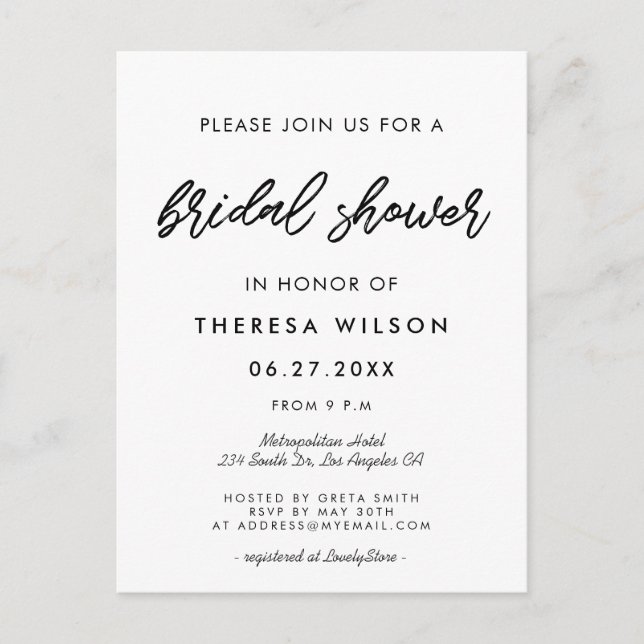 Modern typography Bridal shower invitation Postcard (Front)