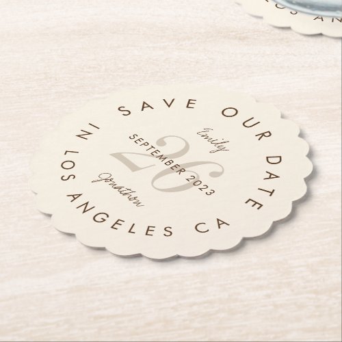 Modern Typography Brown Cream Save The Date Paper Coaster
