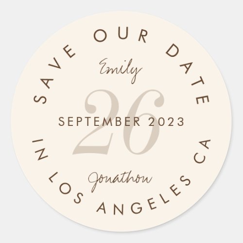 Modern Typography Brown Save the Date Classic Round Sticker