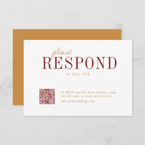 Modern typography burgundy fall wedding QR code RSVP Card