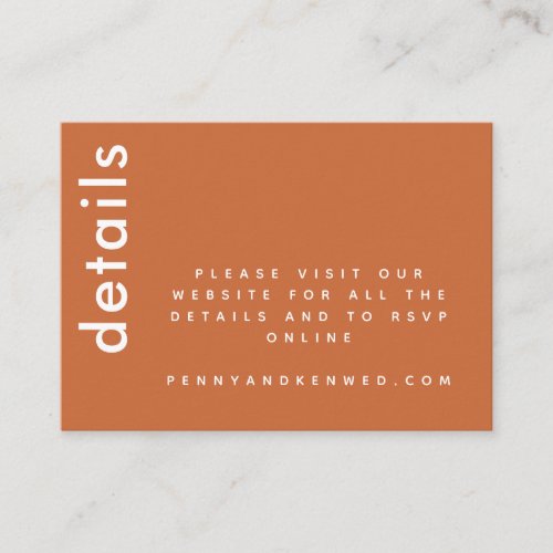 Modern Typography  Burnt Orange Wedding Website Enclosure Card