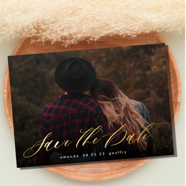 Modern Typography Calligraphy Photo Save The Date Foil Invitation (Creator Uploaded)