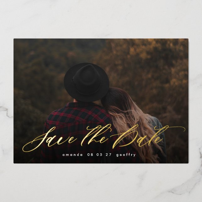 Modern Typography Calligraphy Photo Save the Date Foil Invitation (Front)