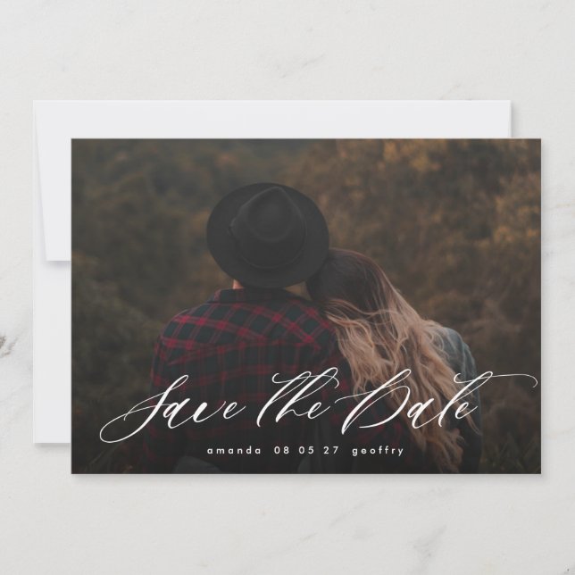 Modern Typography Calligraphy White Overlay Photo Save The Date (Front)