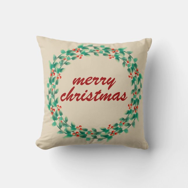 Modern Typography Christmas Berry Wreath  Holiday Throw Pillow (Front)
