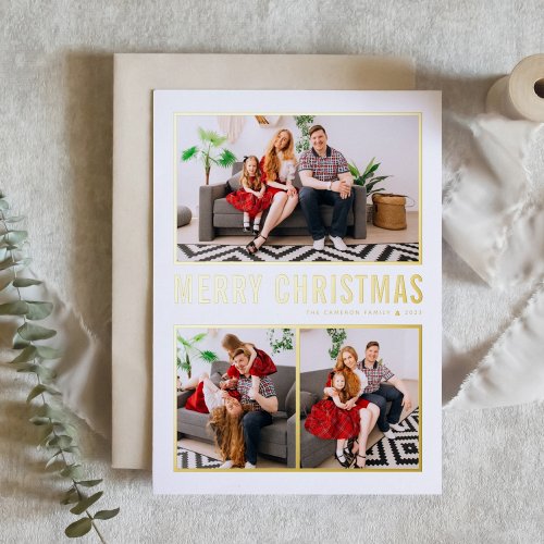Modern Typography Christmas Three Photo Foil Holiday Card