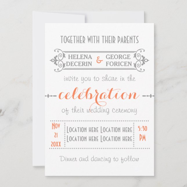 Modern typography coral, grey wedding invitation (Front)
