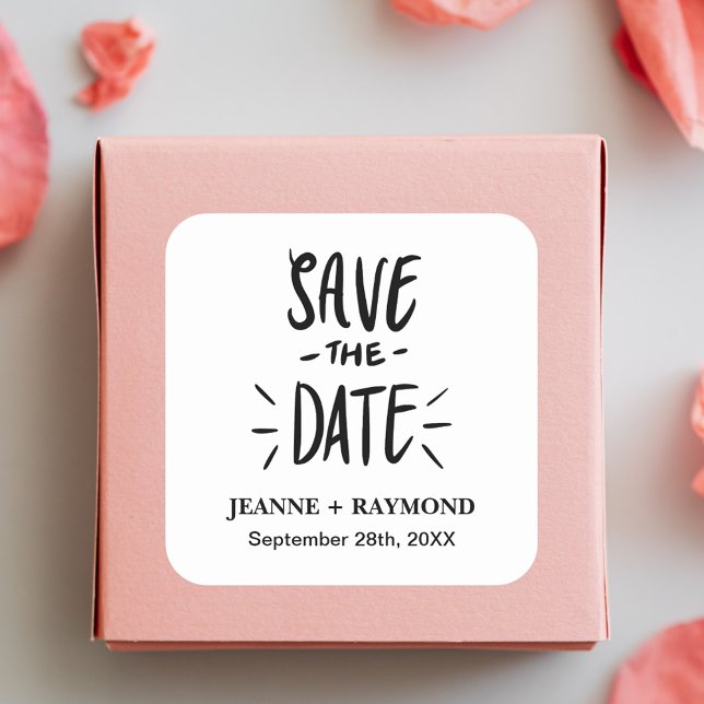 Modern Typography Custom Wedding Save the Date Square Sticker (Modern typography save the date sticker adds personalized style to elegant wedding mailings.)