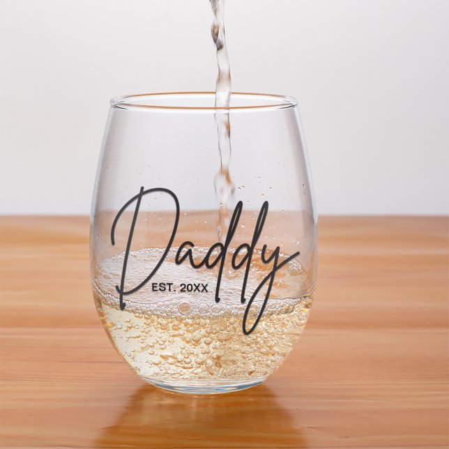 Modern Typography Daddy Personalized Stemless Wine Glass (Daddy wine glass with established year)