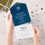 Modern Typography Dark Blue Confetti Bar Mitzvah All In One Invitation<br><div class="desc">An elegant dark blue bar Mitzvah invitation, easy to personalize with your details. PLEASE NOTE: This invitation is ready to send without an envelope; include the return address on the backside; if you plan to send it using an envelope, please let in blank the return address details ( backside). GUEST...</div>