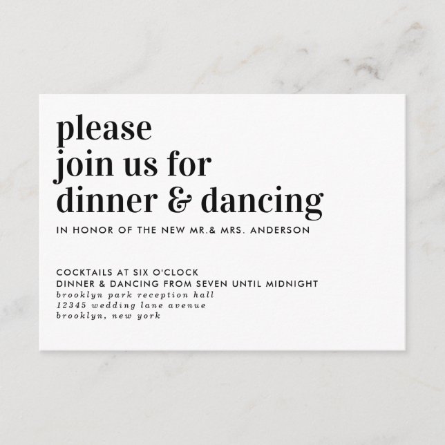 Modern Typography Dinner Dancing Wedding Reception Enclosure Card (Front)