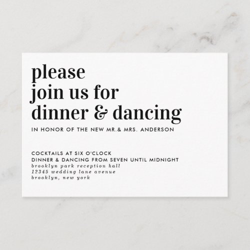 Modern Typography Dinner Dancing Wedding Reception Enclosure Card