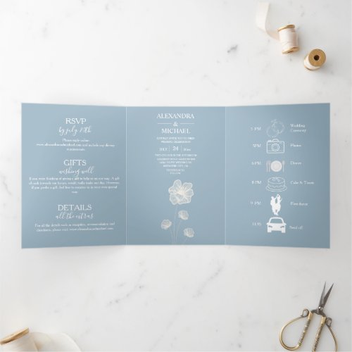 Modern Typography Dusty Blue Botanical Wedding Tri_Fold Invitation