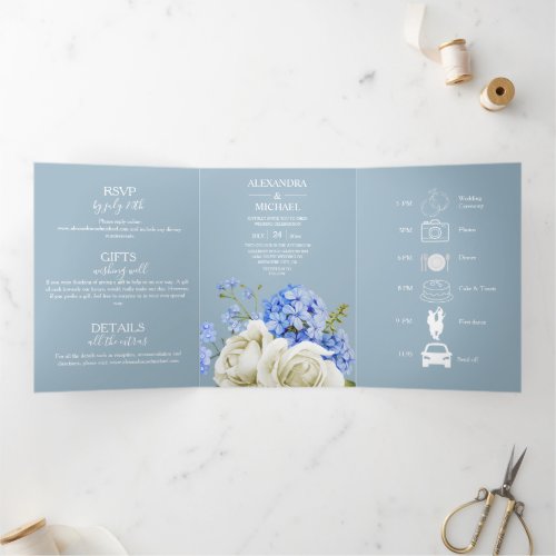 Modern Typography Dusty Blue Botanical Wedding Tri Tri_Fold Invitation