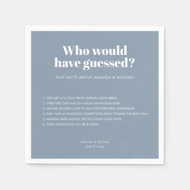 Modern Typography Dusty Blue Wedding Fun Facts  Napkins (Front)