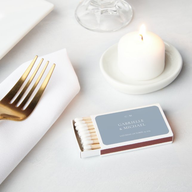Modern Typography Dusty Blue Wedding  Matchboxes (Insitu)