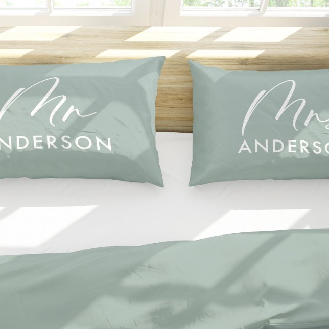 Modern typography elegant script mrs sage green pillow case (Creator Uploaded)