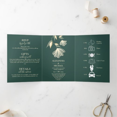 Modern Typography Emerald Green Botanical Wedding Tri_Fold Invitation