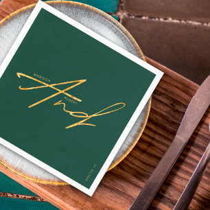 Modern Typography Emerald Green Gold Wedding Napkins