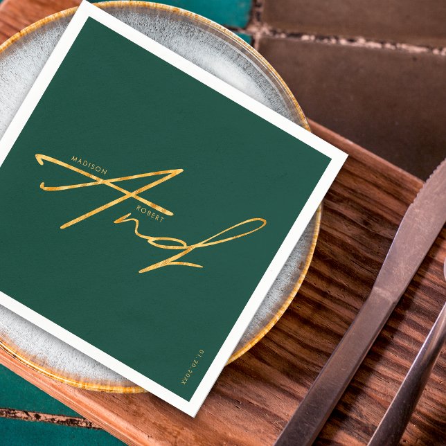 Modern Typography Emerald Green Gold Wedding Napkins (Creator Uploaded)